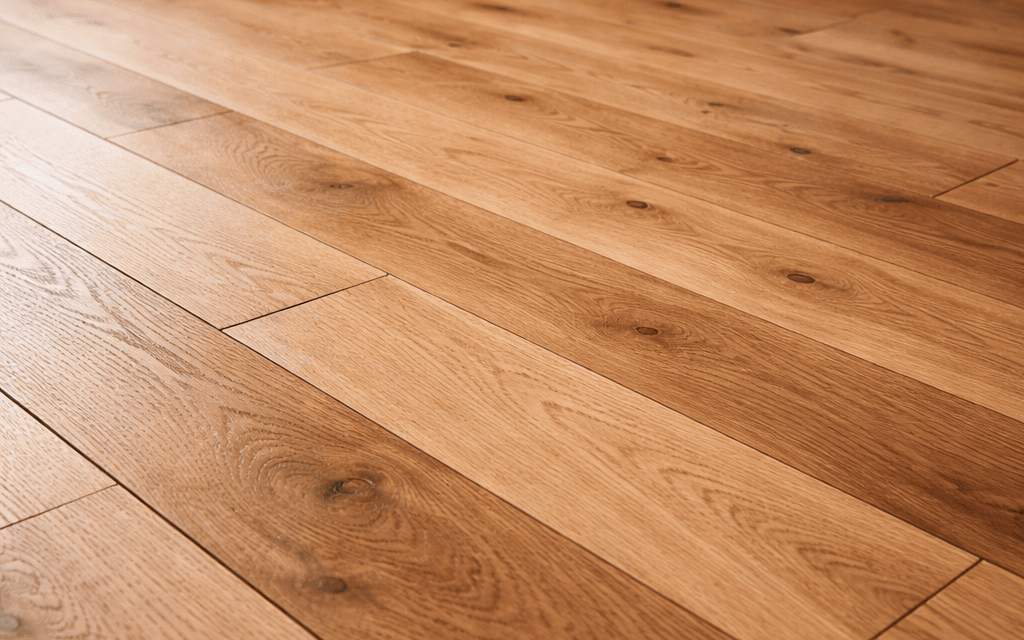 suelo de madera natural en tablones anchos de roble en salón moderno con acabado cálido