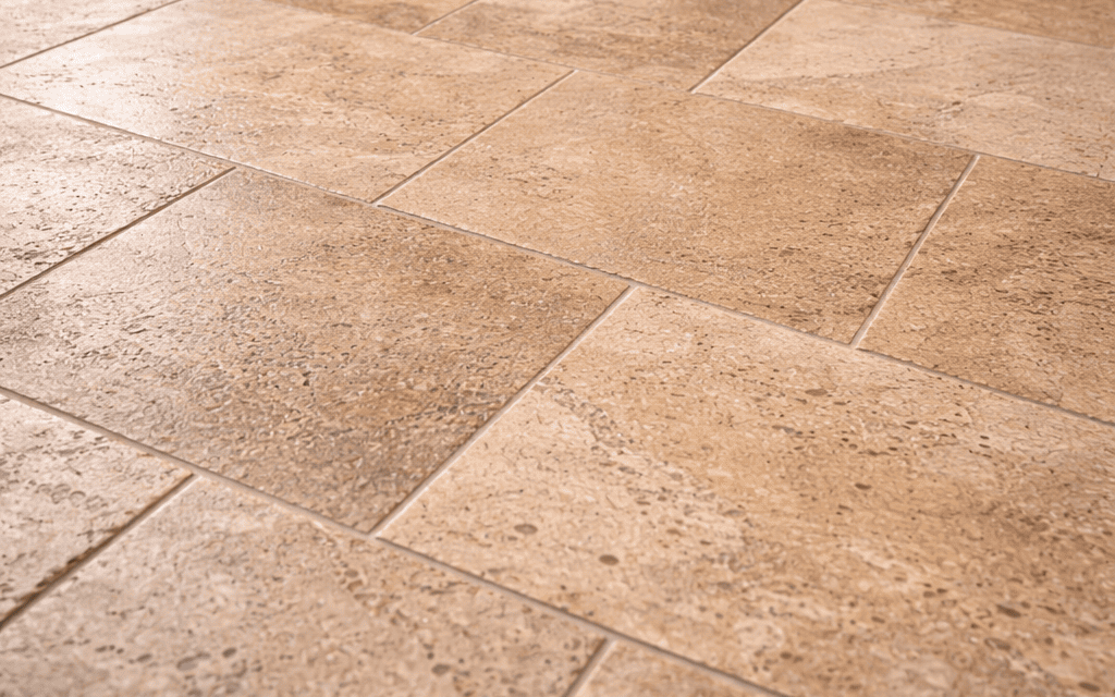 suelo de piedra natural tipo travertino en cocina rústica con textura irregular y tonos beige